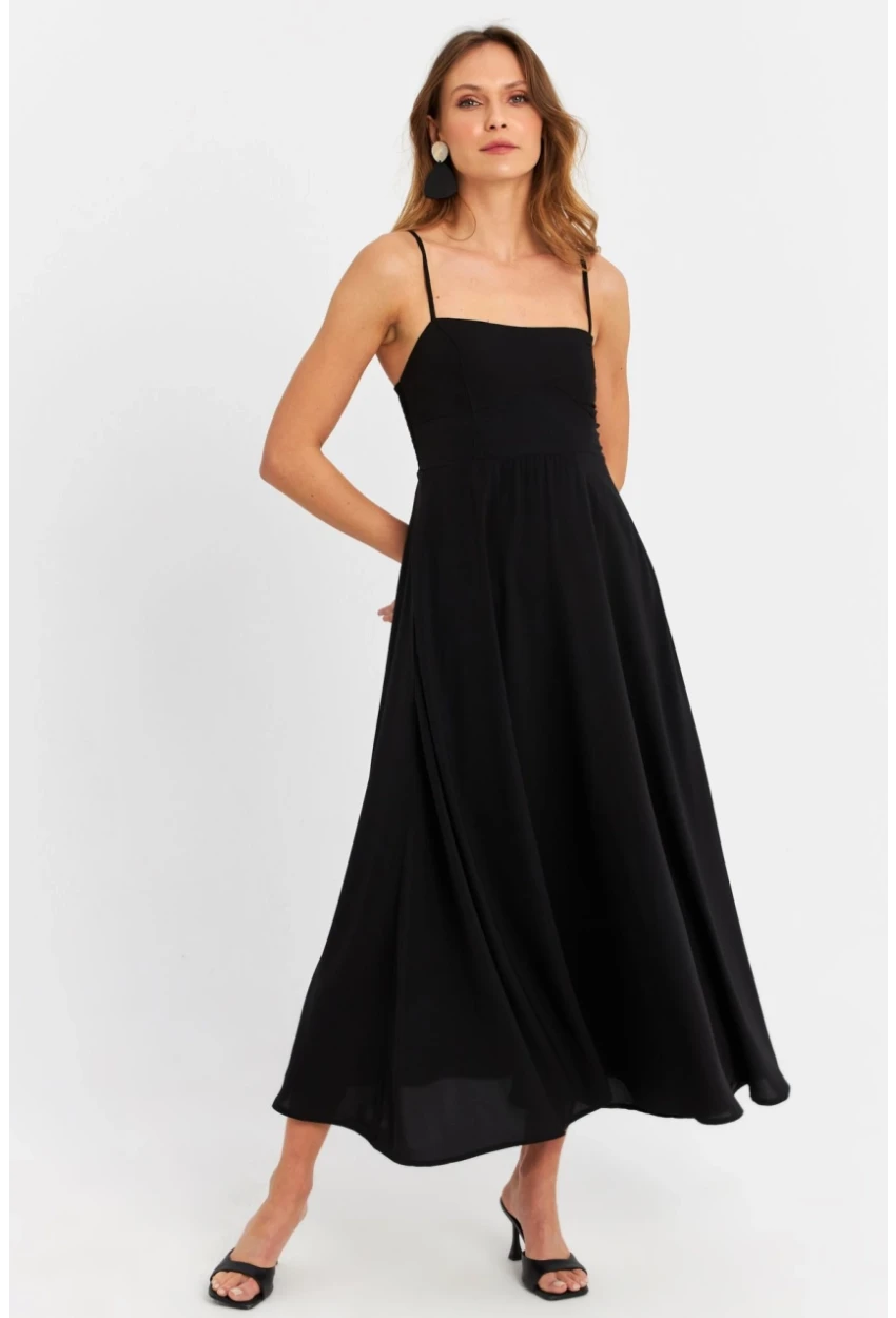 Kadın Siyah Sırtı Gipeli Astarlı Midi Elbise ERL10047