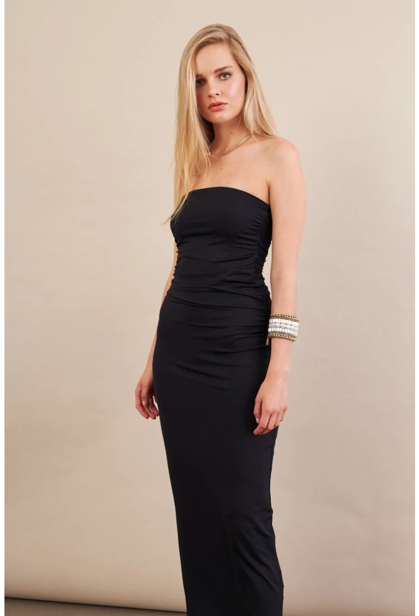 Kadın Siyah Straplez Büzgülü Midi Elbise MX2005