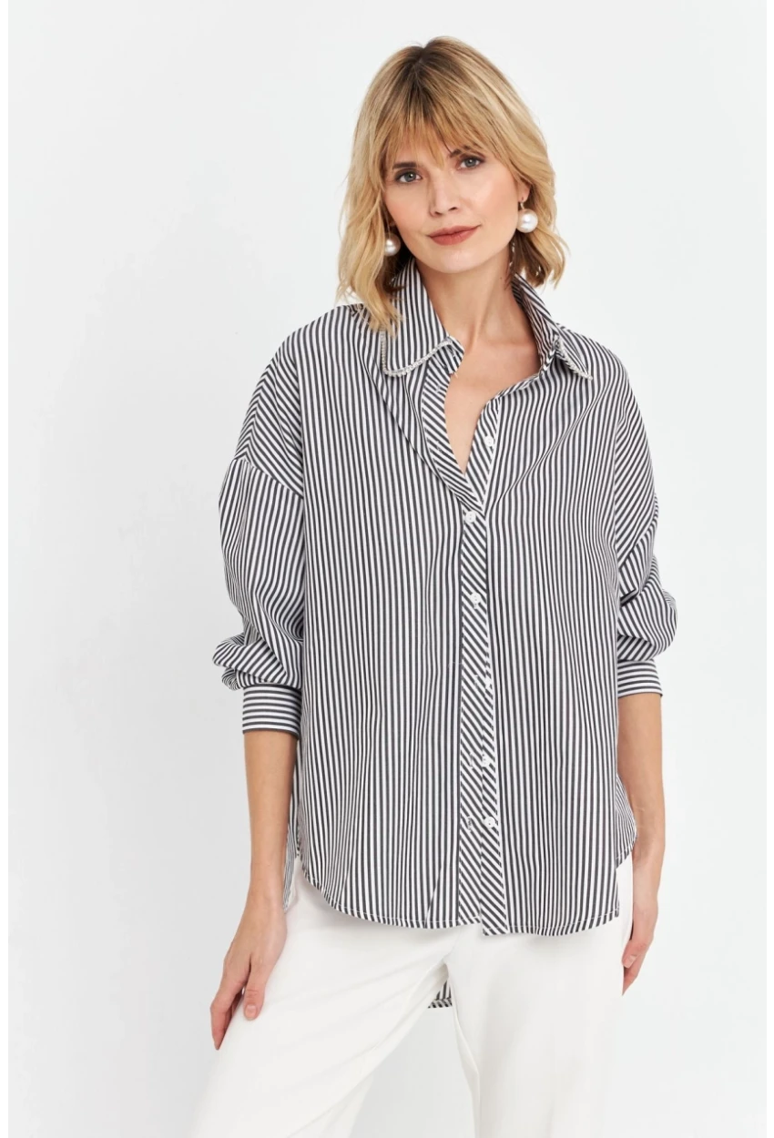 Kadın Siyah Taş Detaylı Çizgili Gömlek KED4088