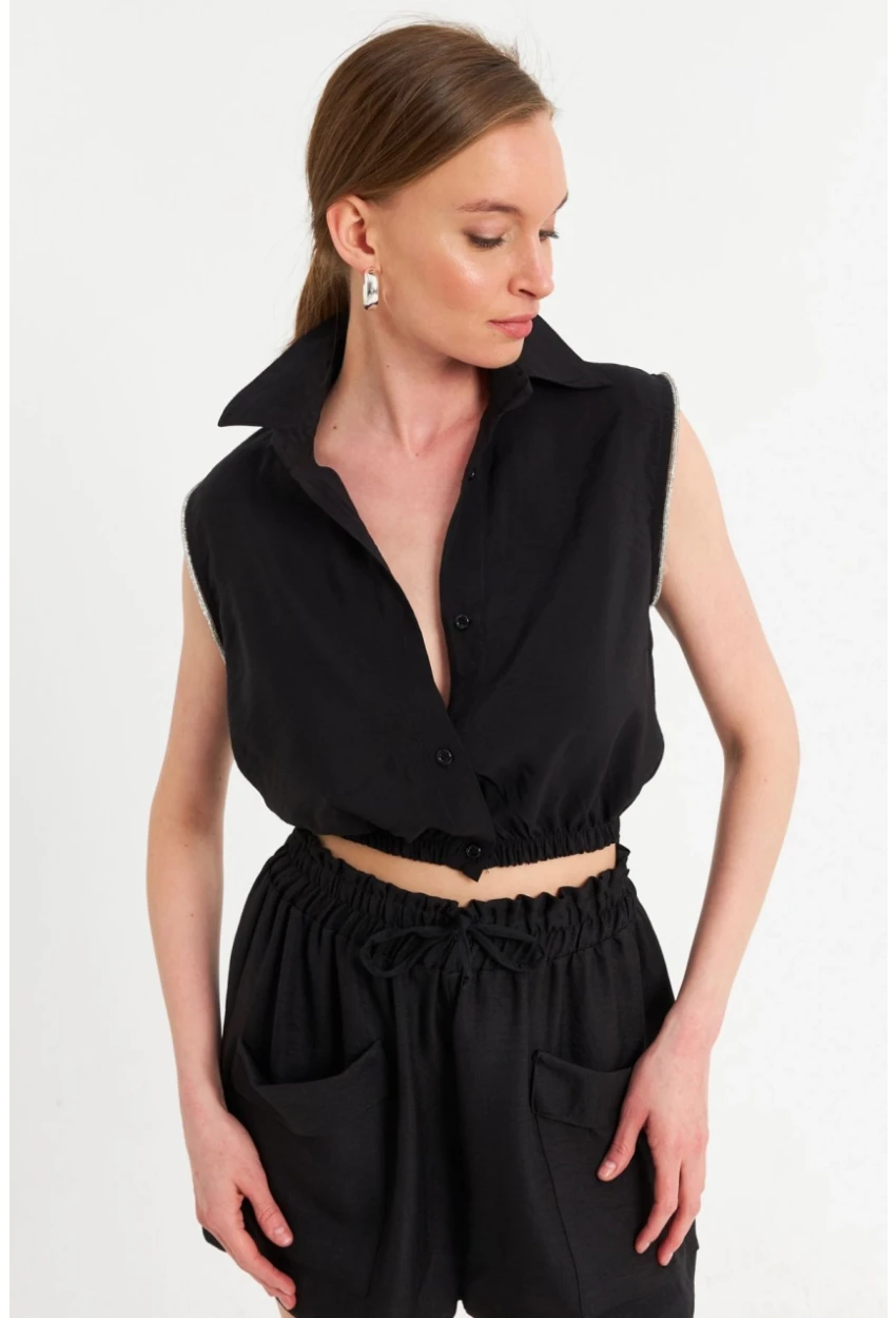 Kadın Siyah Taş Detaylı Crop Gömlek SUN200