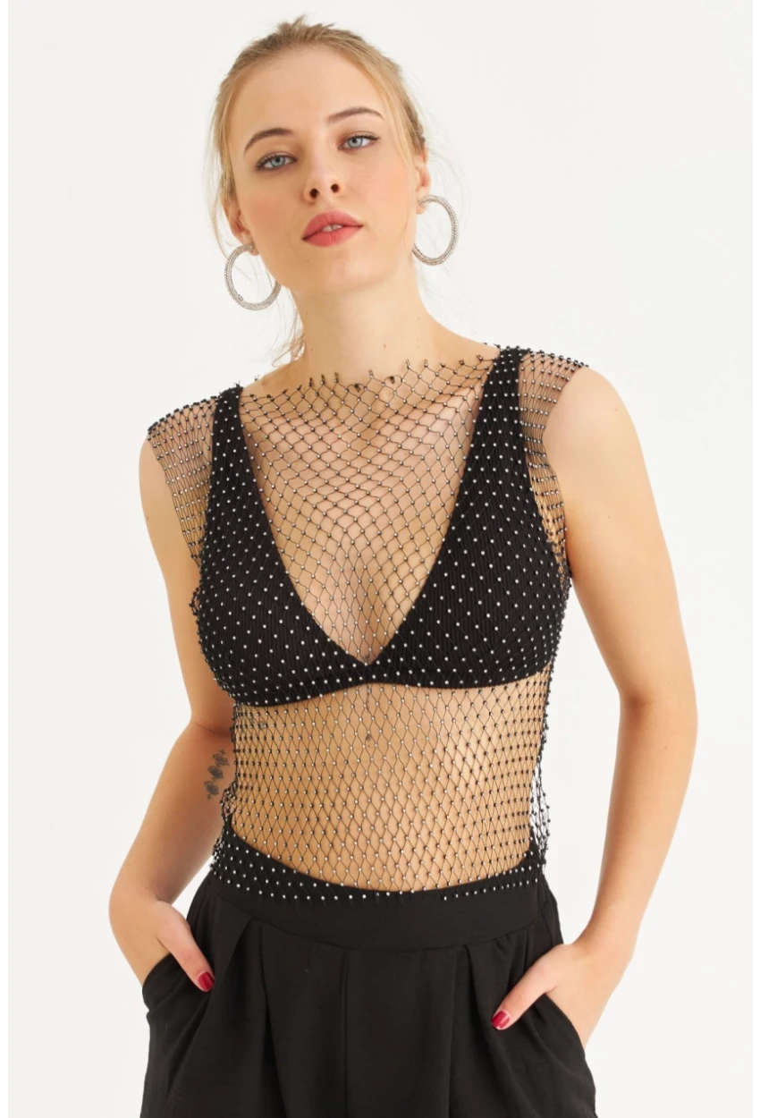 Kadın Siyah Taşlı File Bluz YEL221465