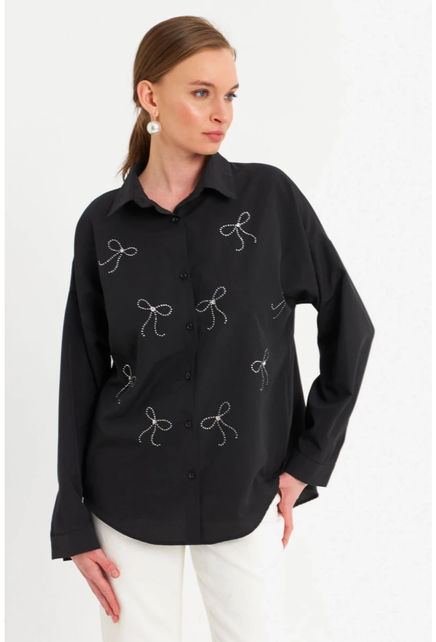 Kadın Siyah Taşlı Gömlek MZER426