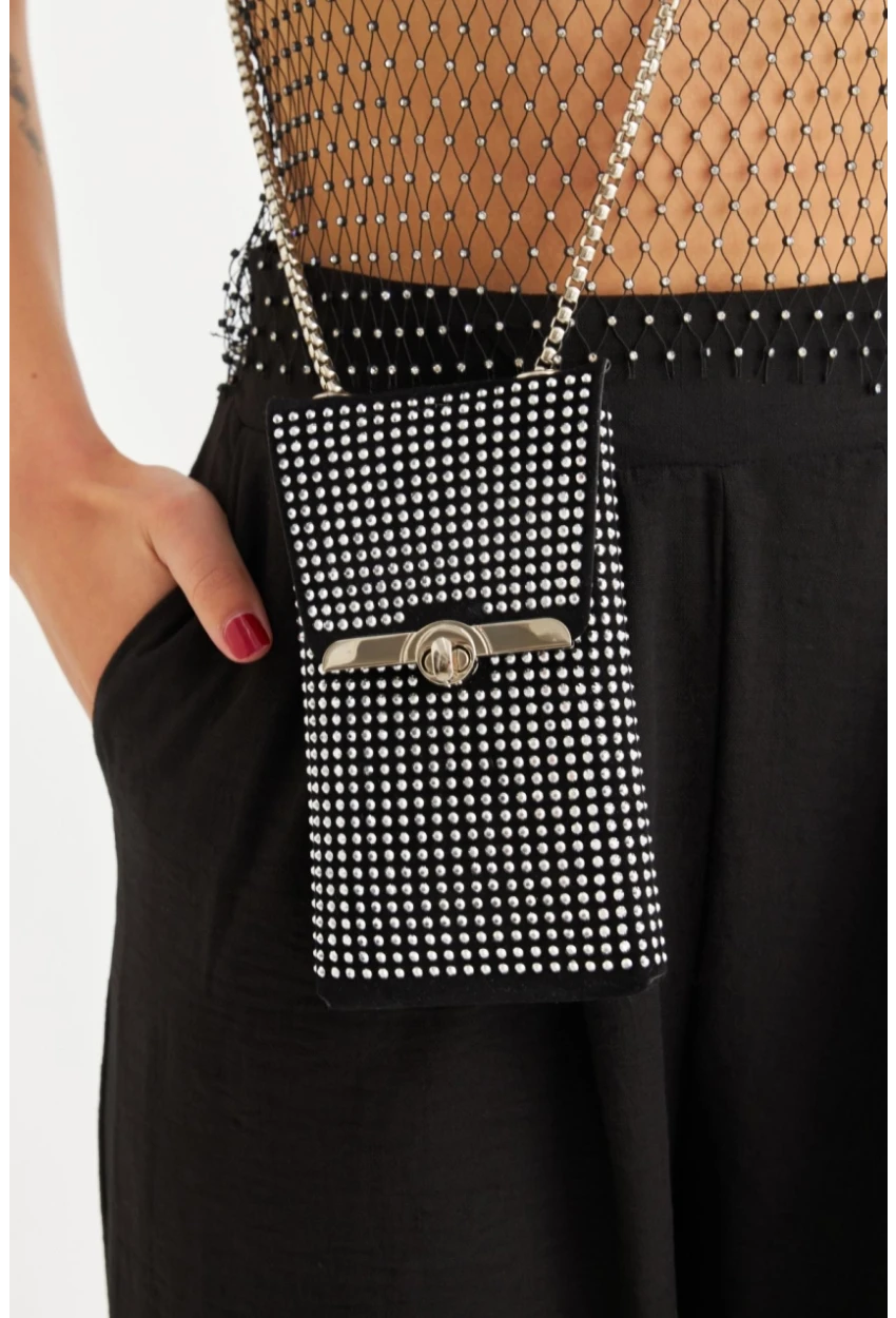 Kadın Siyah Taşlı Süet Telefon Çantası FİR101