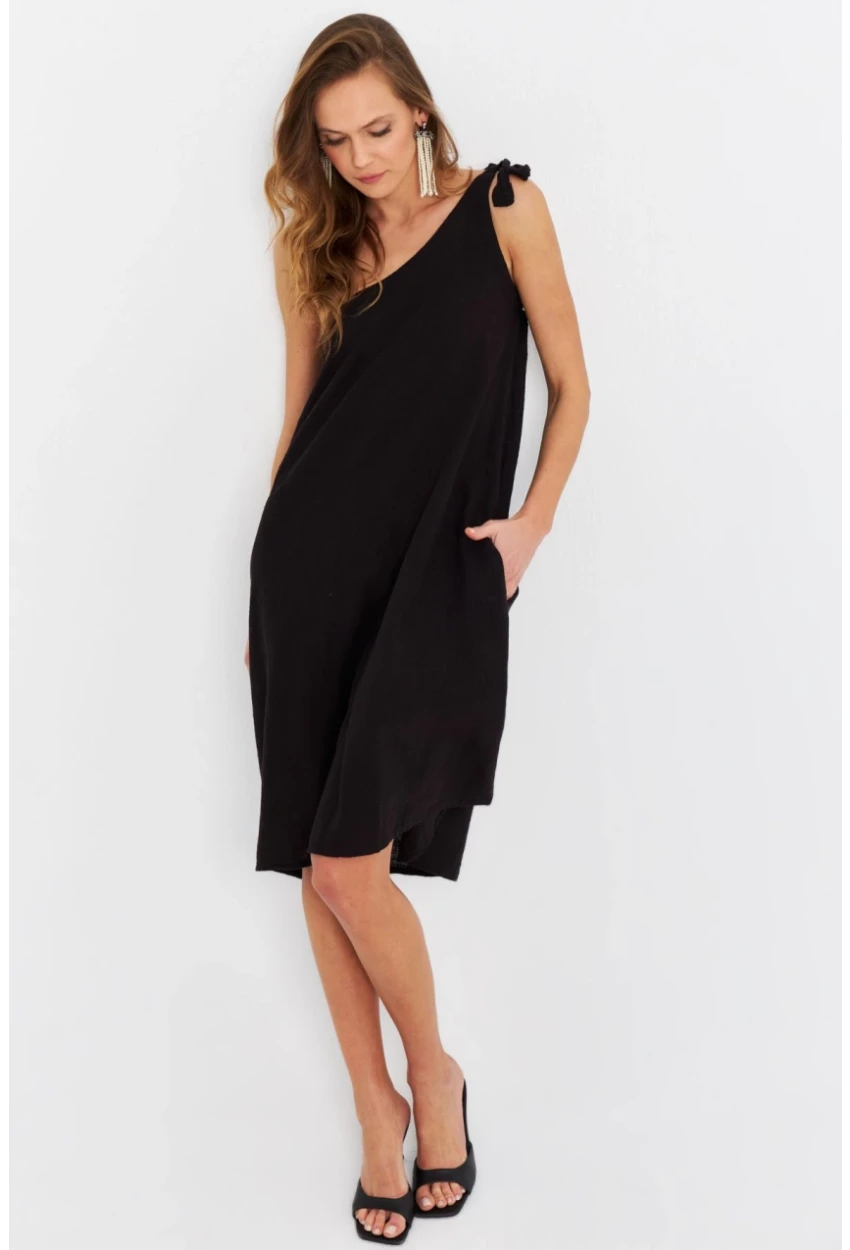 Kadın Siyah Tek Omuz Asimetrik Yaka Midi Elbise PC10813