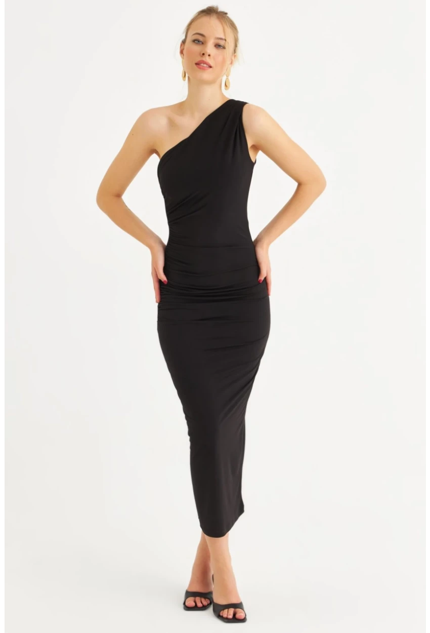 Kadın Siyah Tek Omuz Büzgülü Midi Elbise DMR294-90