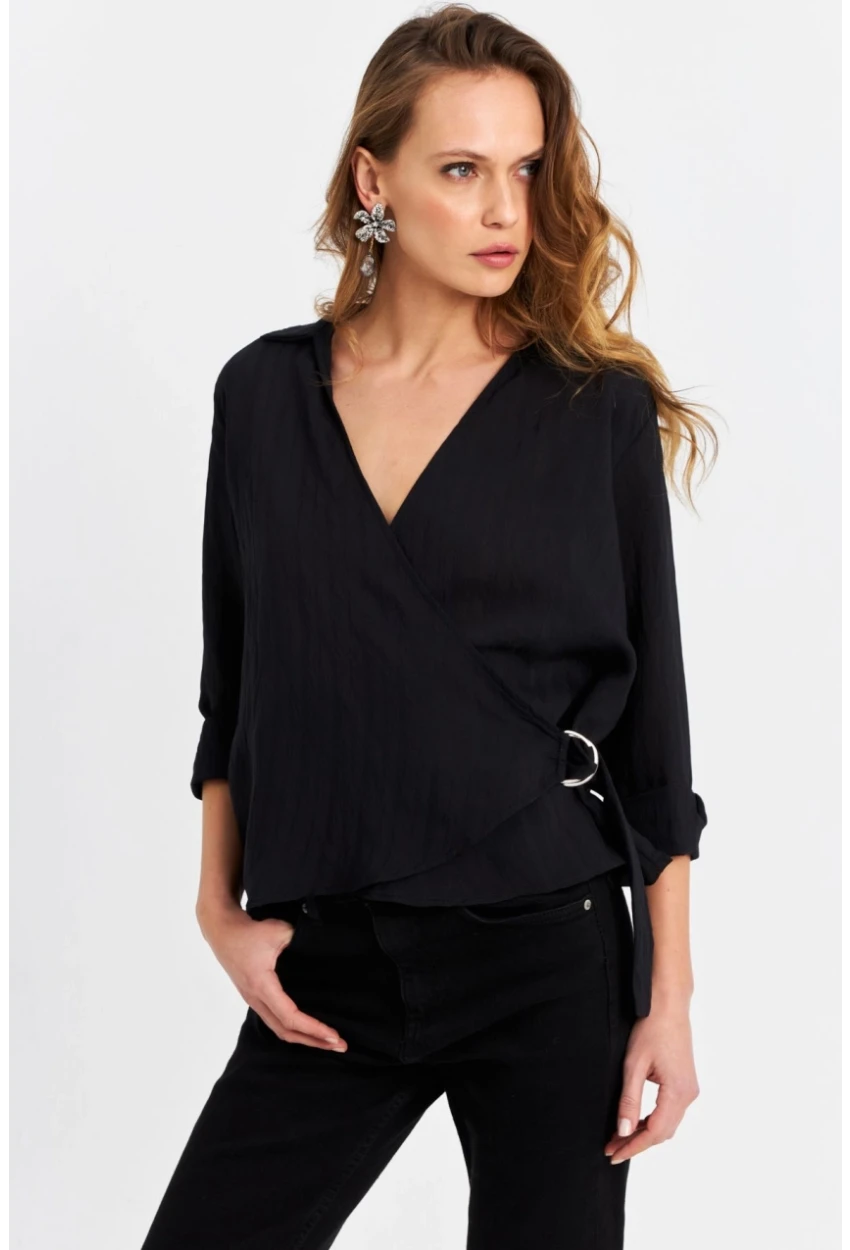 Kadın Siyah Tokalı Kruvaze Gömlek MRS15744