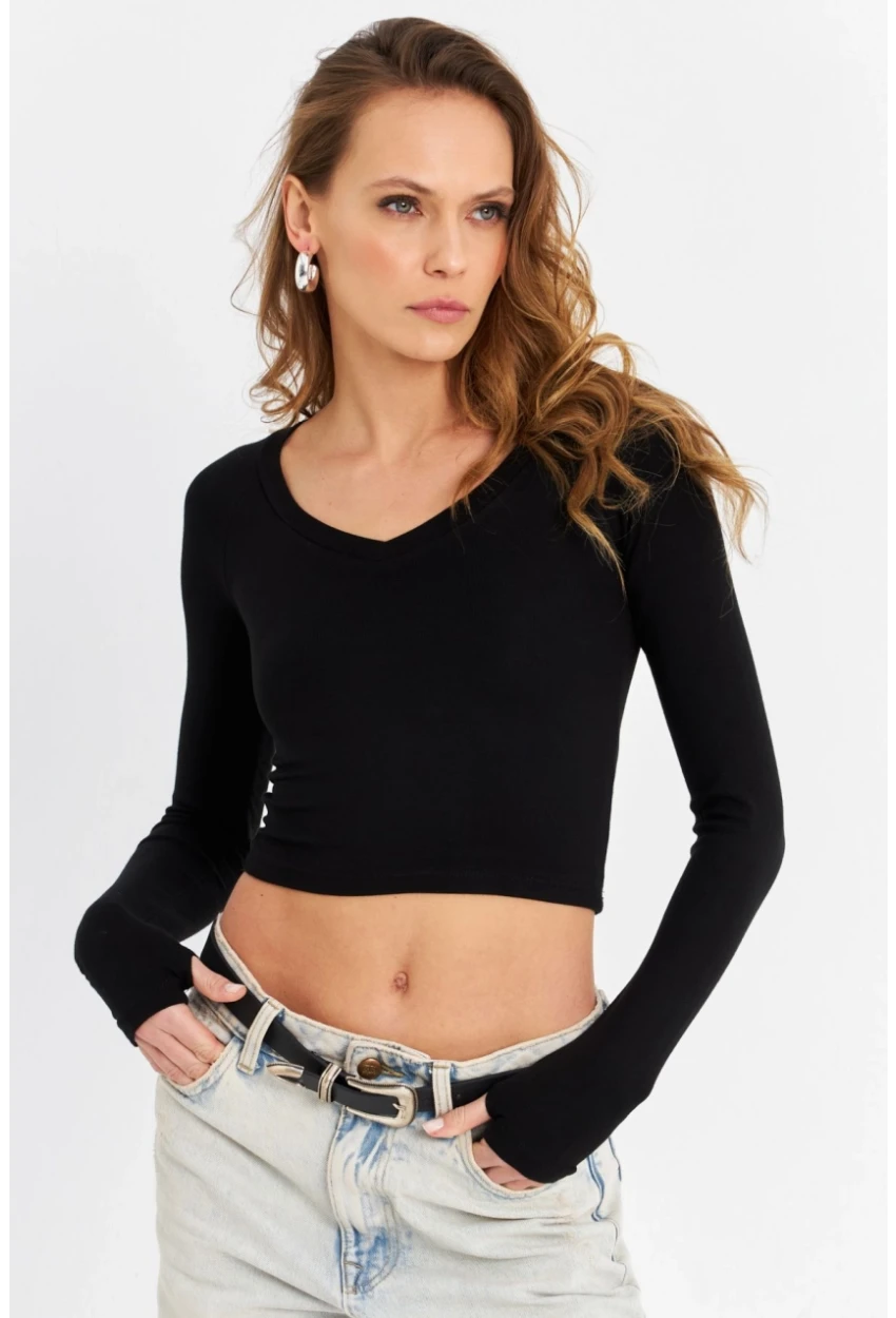 Kadın Siyah V Yaka Crop Bluz DMR389