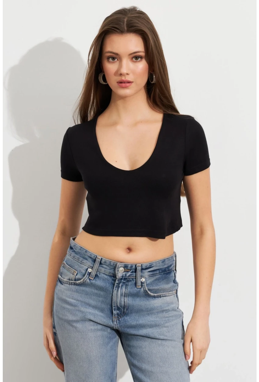 Kadın Siyah V Yaka Crop Bluz TOP101