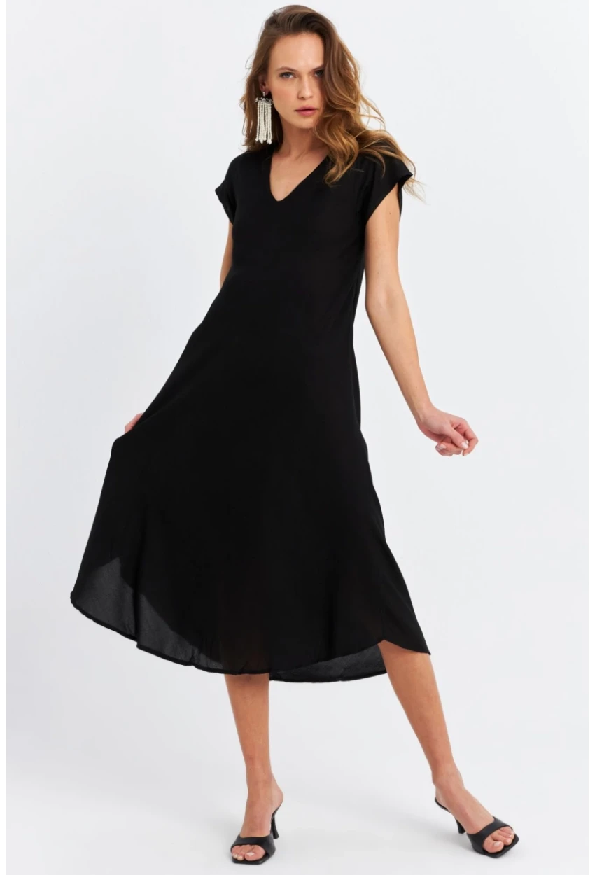 Kadın Siyah V Yaka Midi Elbise PC22649