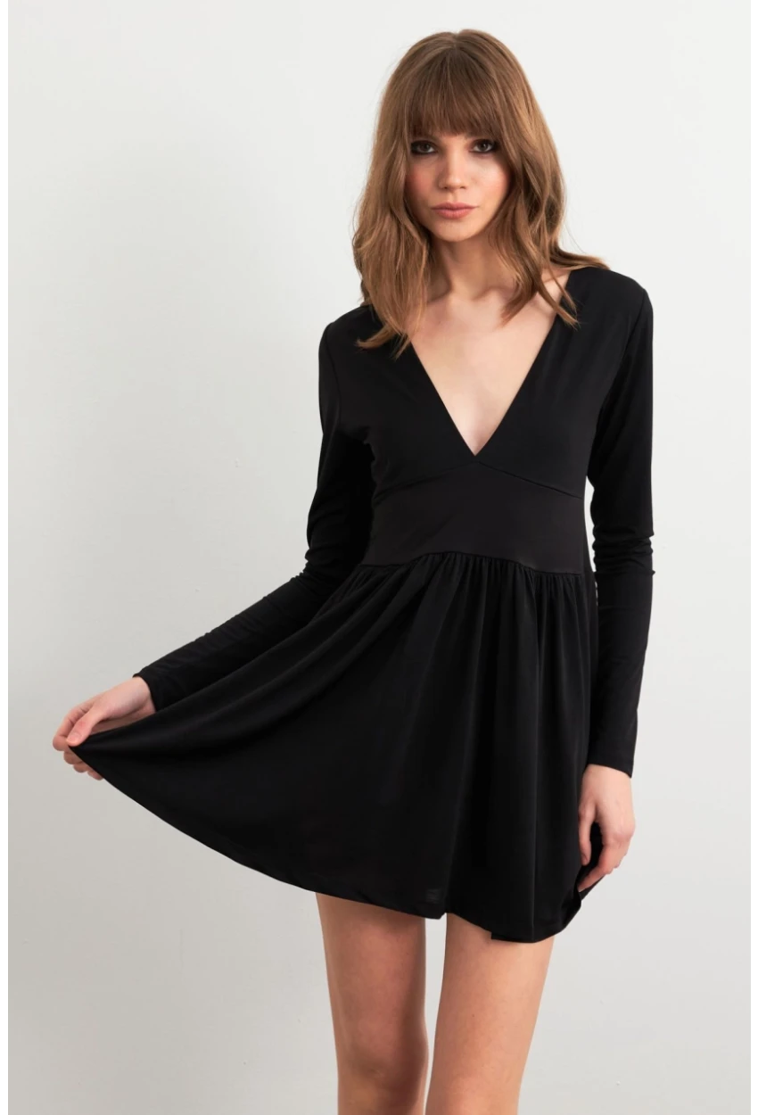 Kadın Siyah V Yaka Mini Elbise LİK17