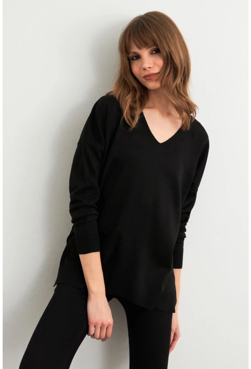 Kadın Siyah V Yaka Triko Kazak YİL549