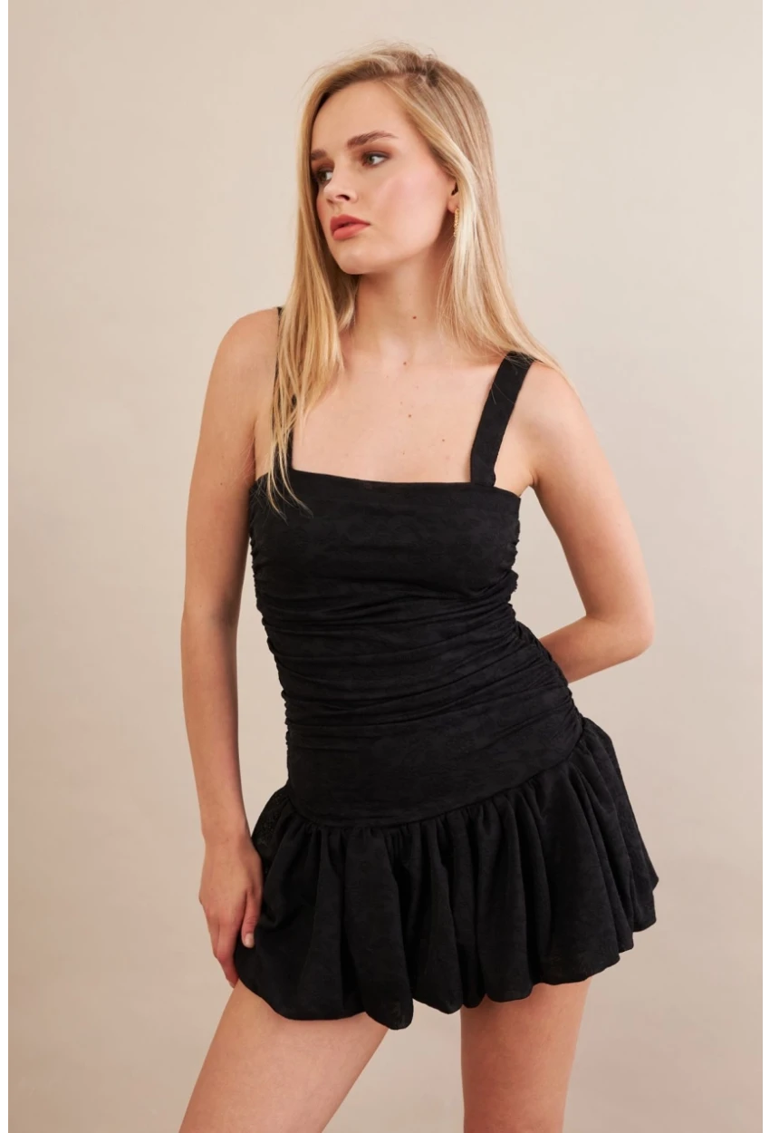 Kadın Siyah Volanlı Astarlı Mini Tül Elbise KED7316