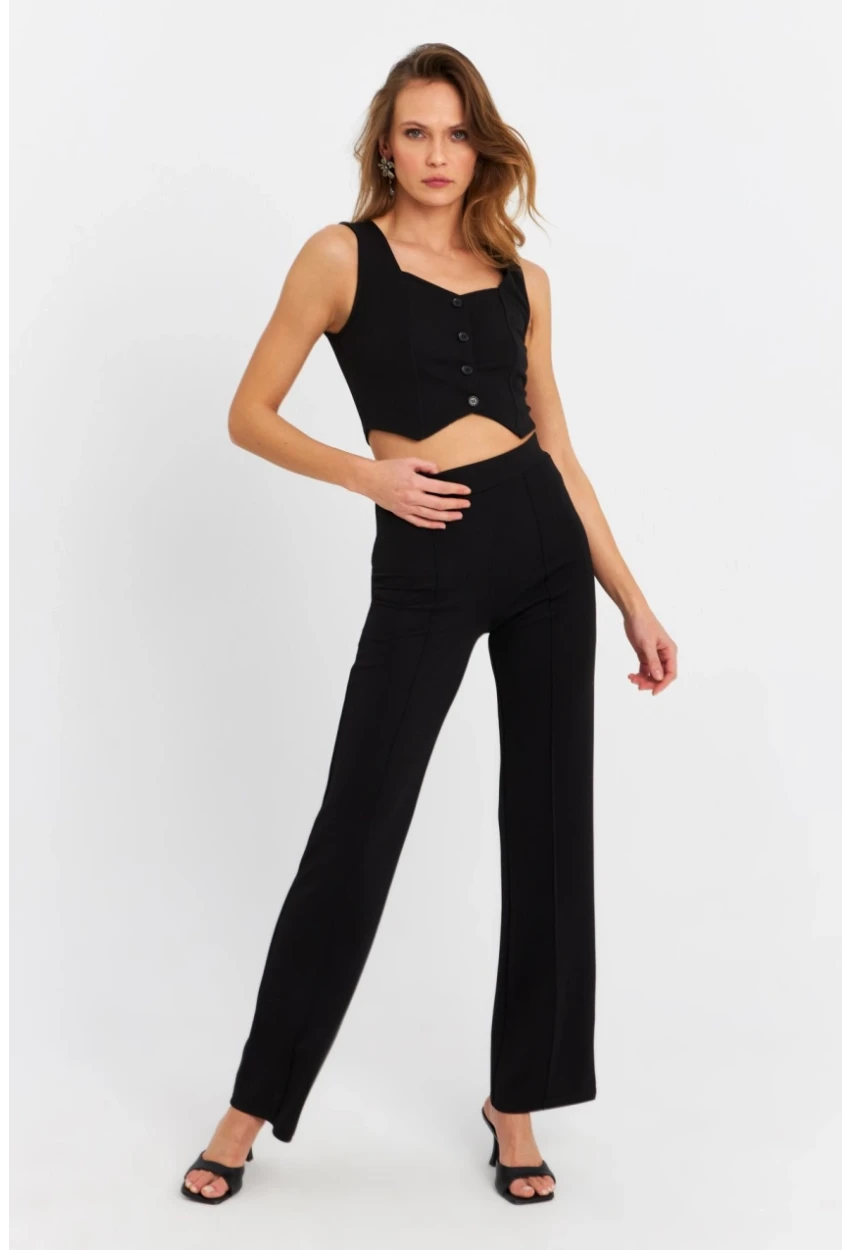 Kadın Siyah Yelekli Pantolon Takım RU9623