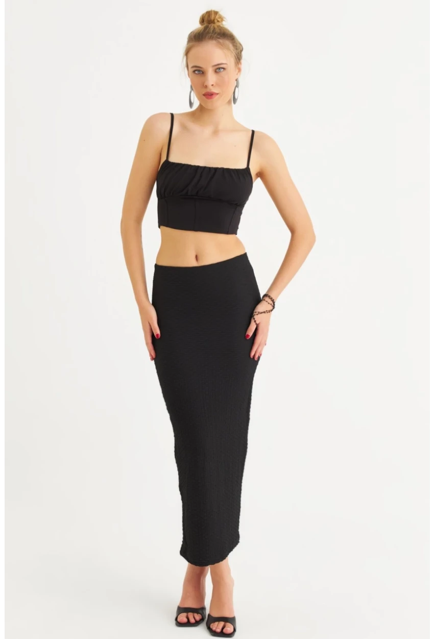 Kadın Siyah Yırtmaçlı Bürümcük Midi Etek ZH329