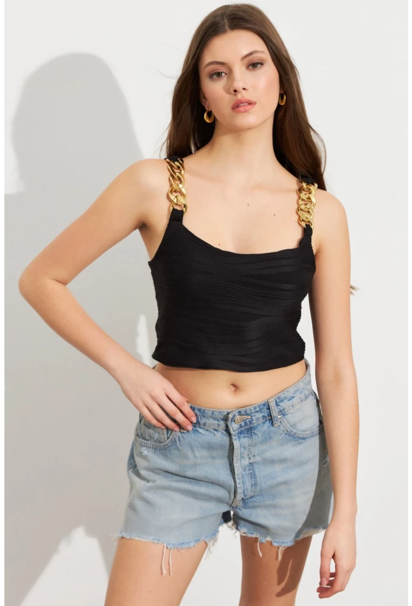 Kadın Siyah Zincir Askılı Astarlı Crop Bluz LİT109