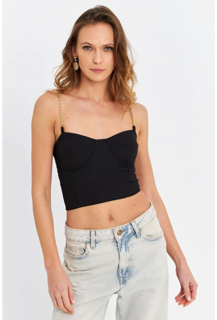 Kadın Siyah Zincir Askılı Crop Bluz LİT100