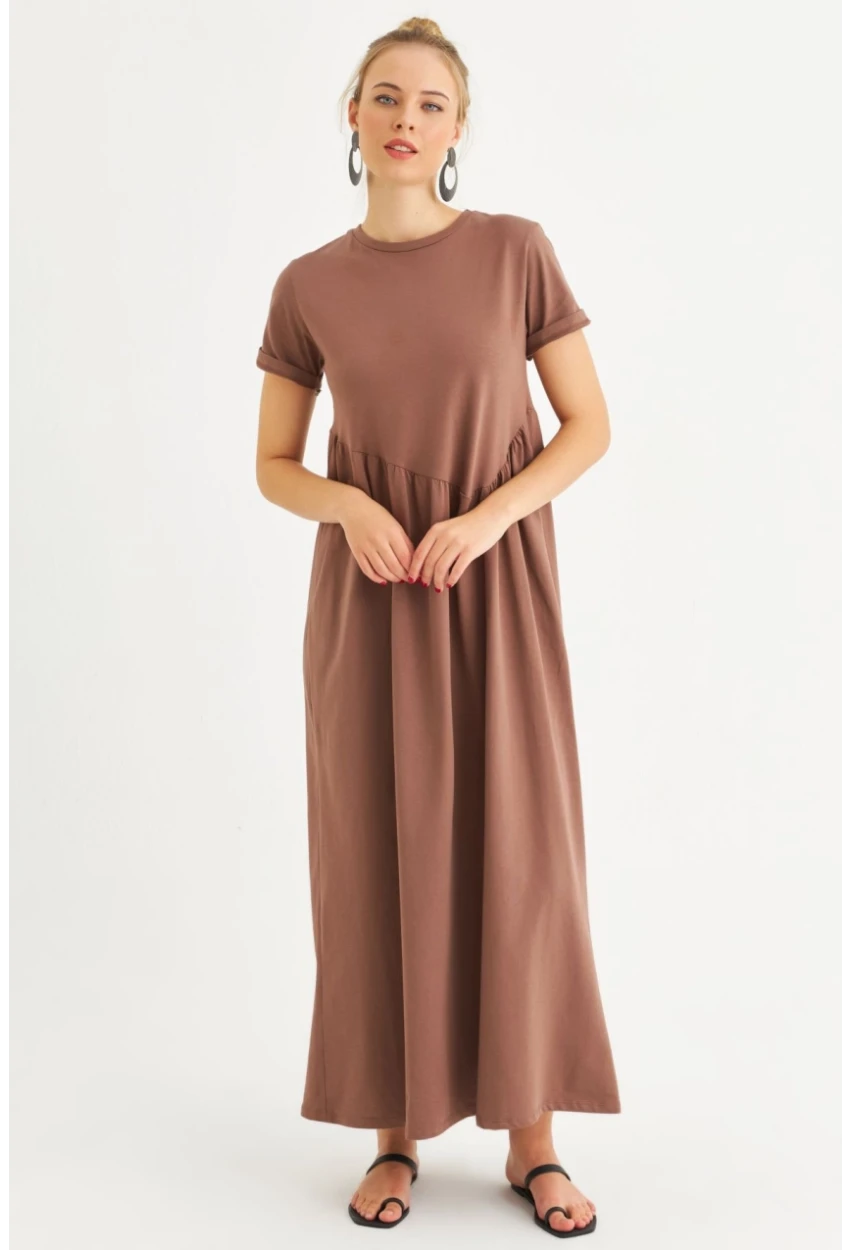 Kadın Sütlü Kahve Asimetrik Dikişli Maxi Elbise MDMR440