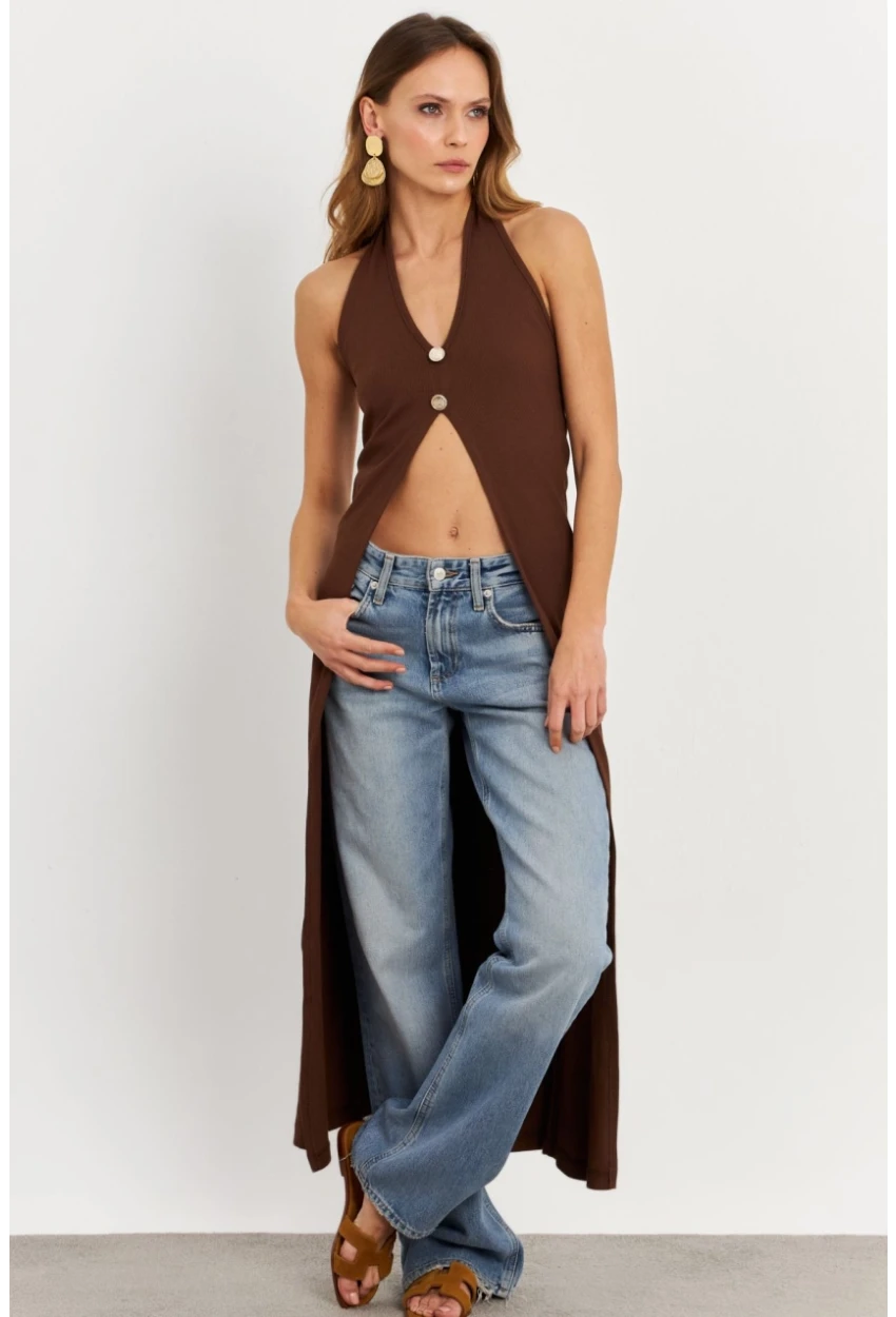 Kadın Taba Düğme Detaylı Uzun Yelek EY3048