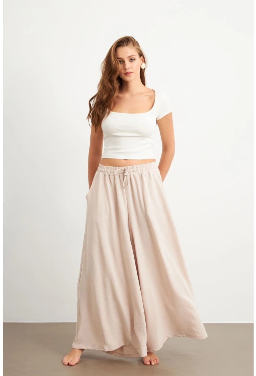Kadın Taş Beli Lastikli Cepli Palazzo Pantolon Sİ1155