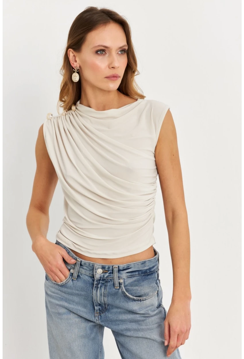 Kadın Taş Düğme Detaylı Büzgülü Bluz LPP1205-1