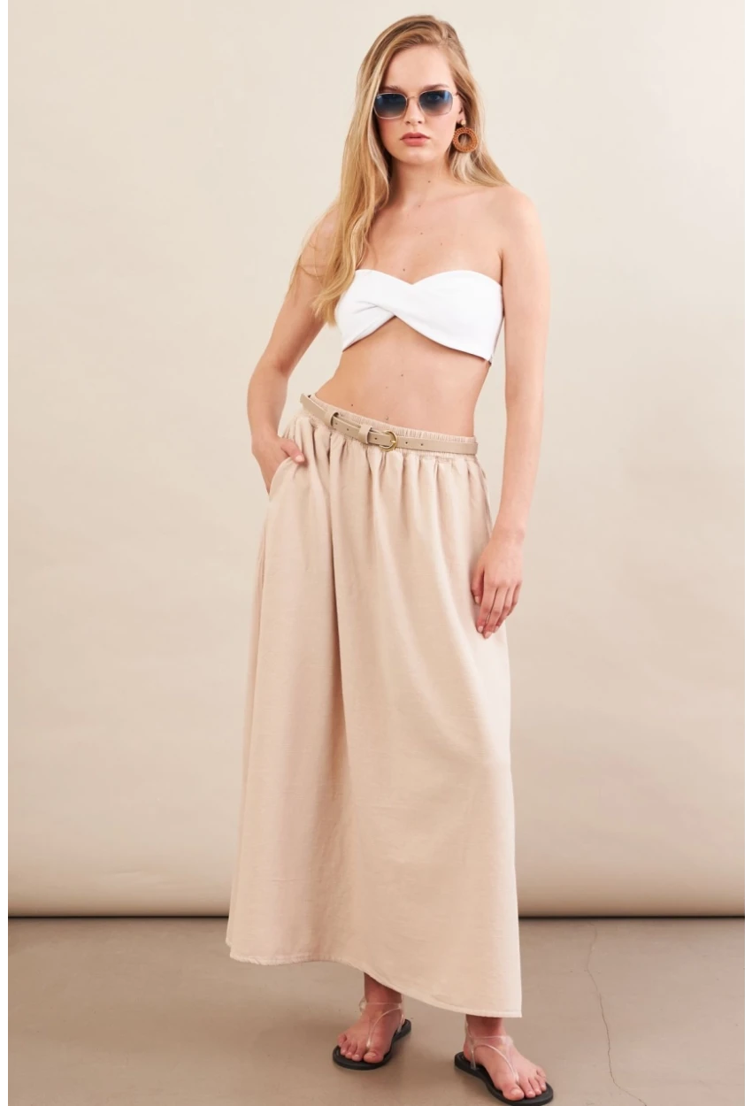 Kadın Taş Keten Cepli Midi Etek RSP4440