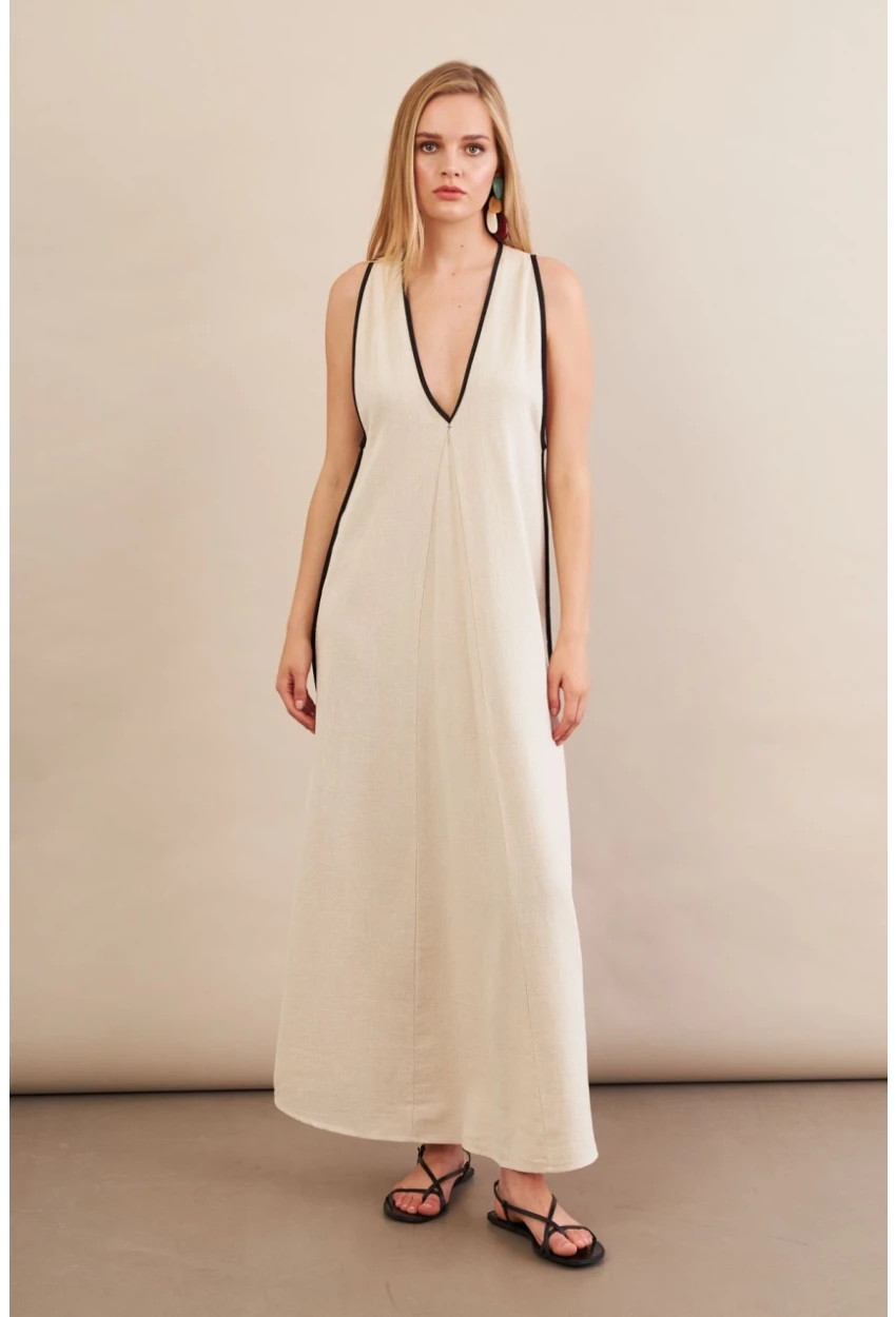 Kadın Taş Kontrast Çizgili Maxi Keten Elbise MSİ101