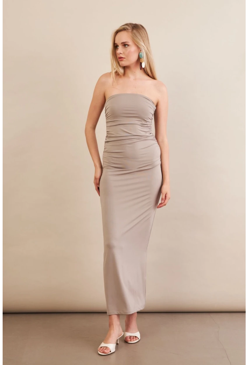 Kadın Taş Straplez Büzgülü Midi Elbise MX2005