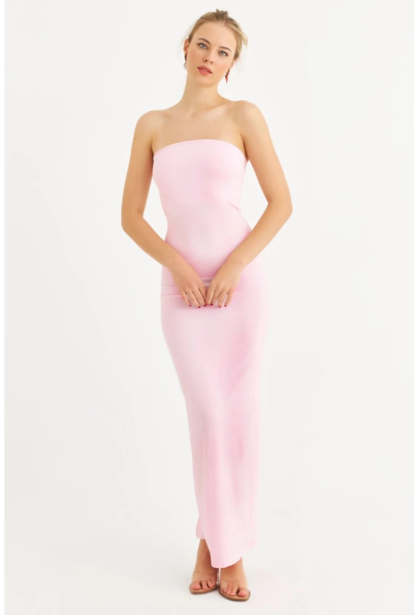 Kadın Toz Pembe Straplez Yırtmaçlı Midi Elbise XC005