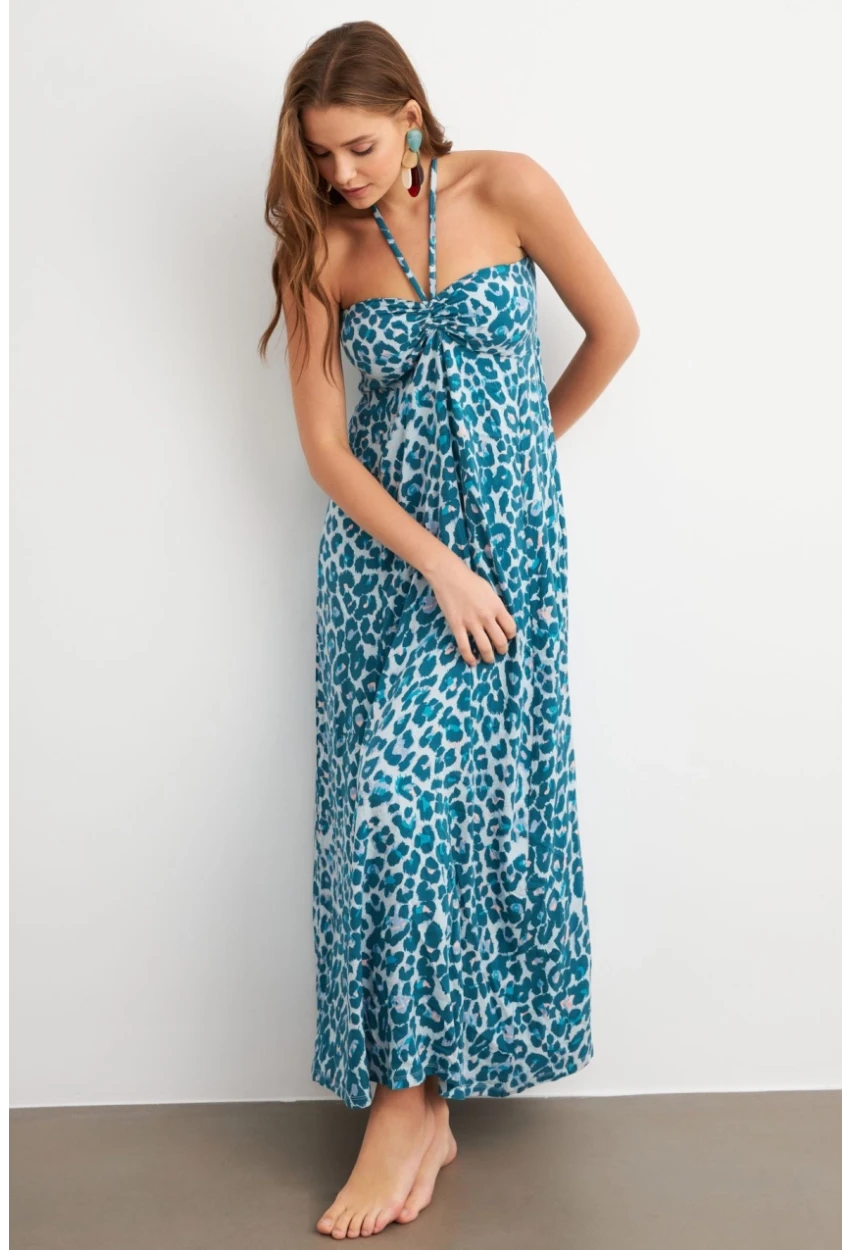 Kadın Turkuaz Büzgülü Desenli Midi Elbise KAB304