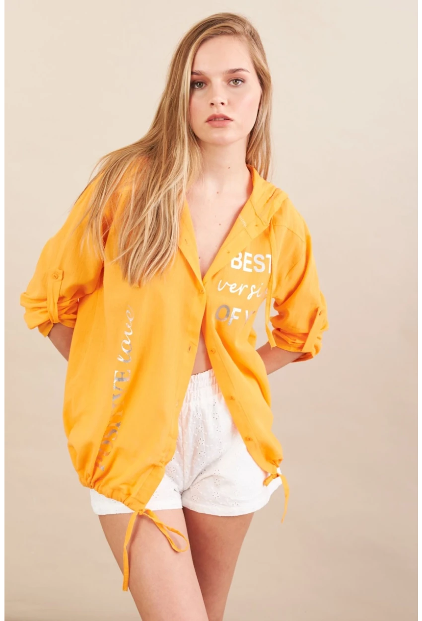 Kadın Turuncu Baskılı Kapüşonlu Gömlek MPC308