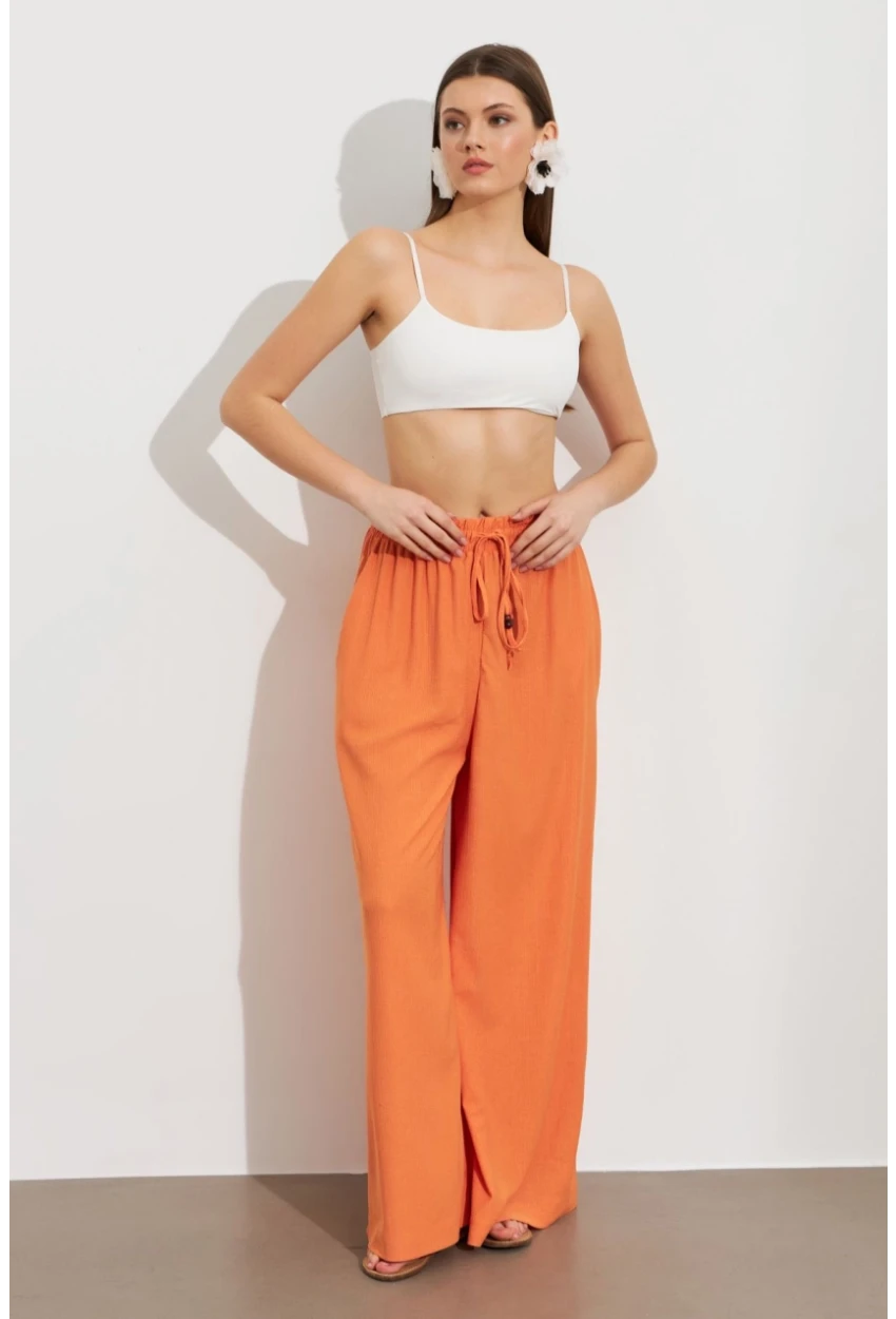 Kadın Turuncu Beli Lastikli Bürümcük Pantolon ROP105