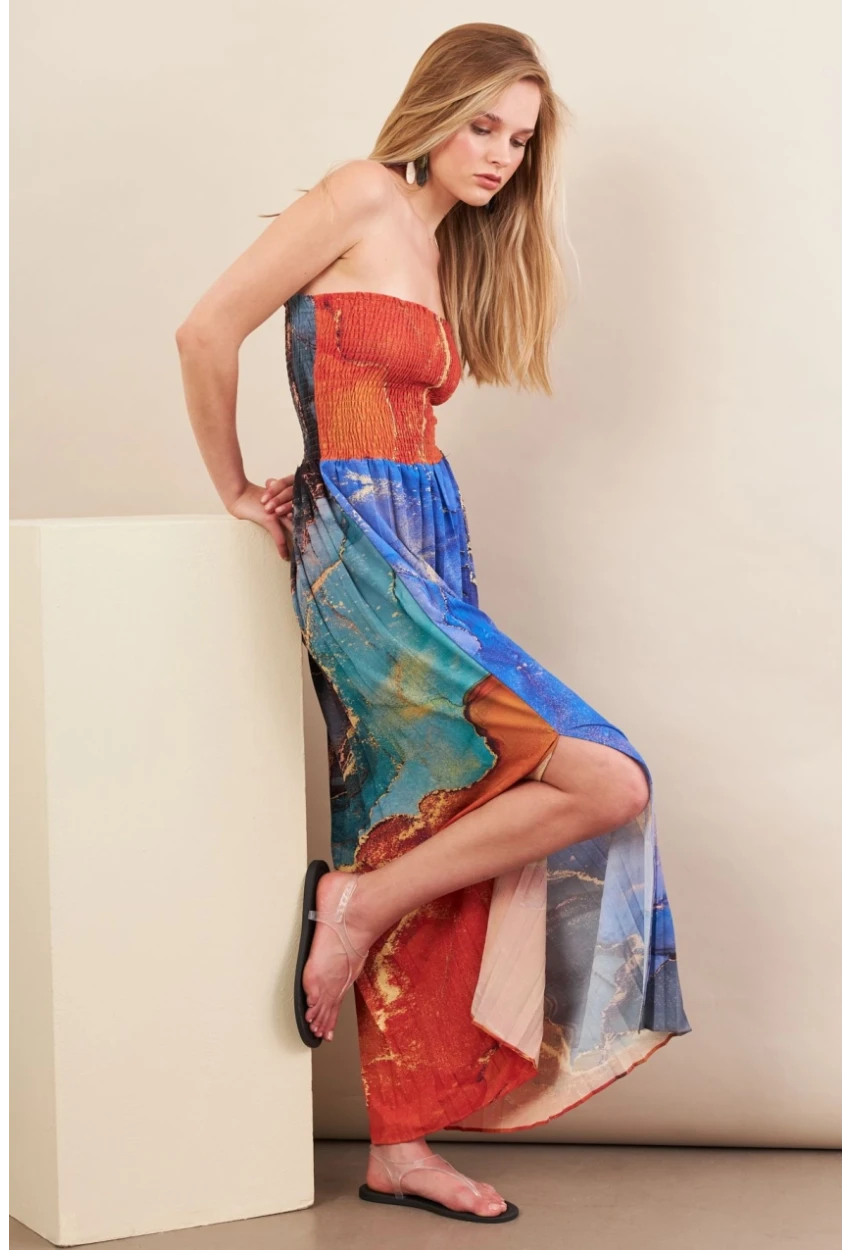 Kadın Turuncu-Mavi Straplez Pilise Uzun Elbise MSİ100