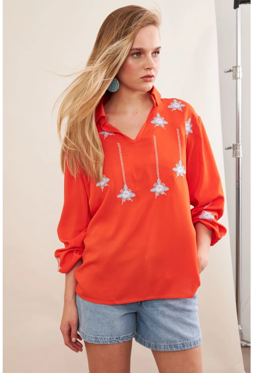 Kadın Turuncu Nakışlı Bluz MPC1345