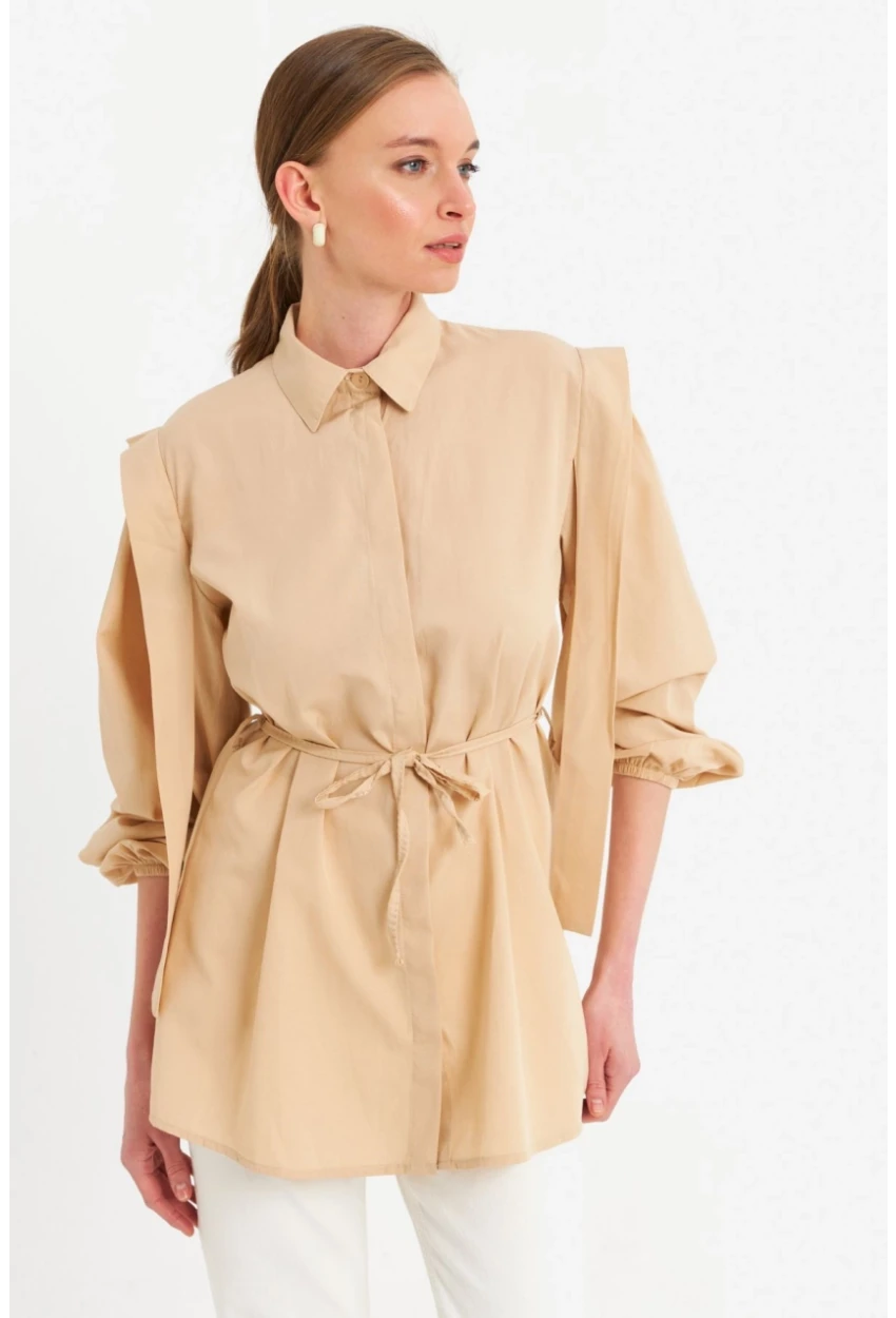 Kadın Vanilya Bağlama Detaylı Basic Gömlek MASF185