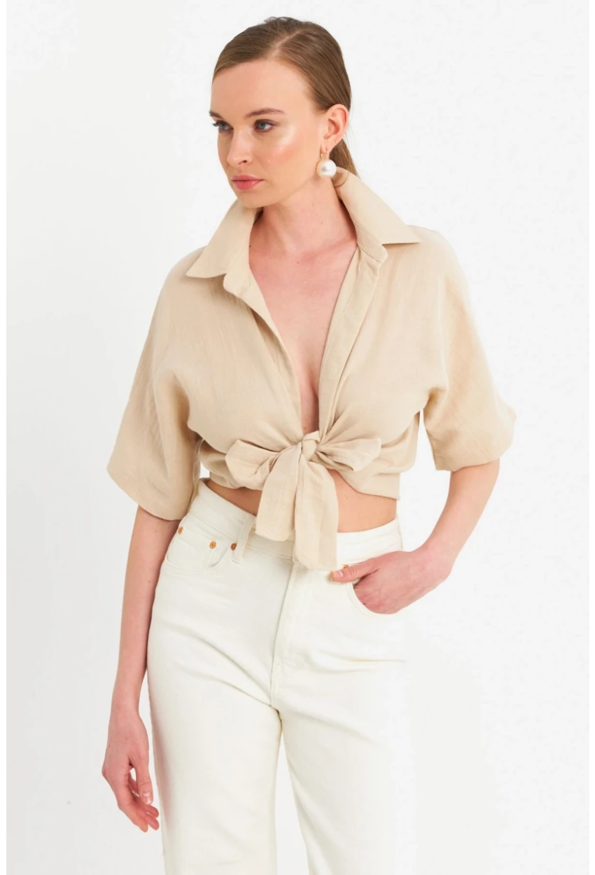 Kadın Vanilya Bağlamalı Keten Bluz BTH16