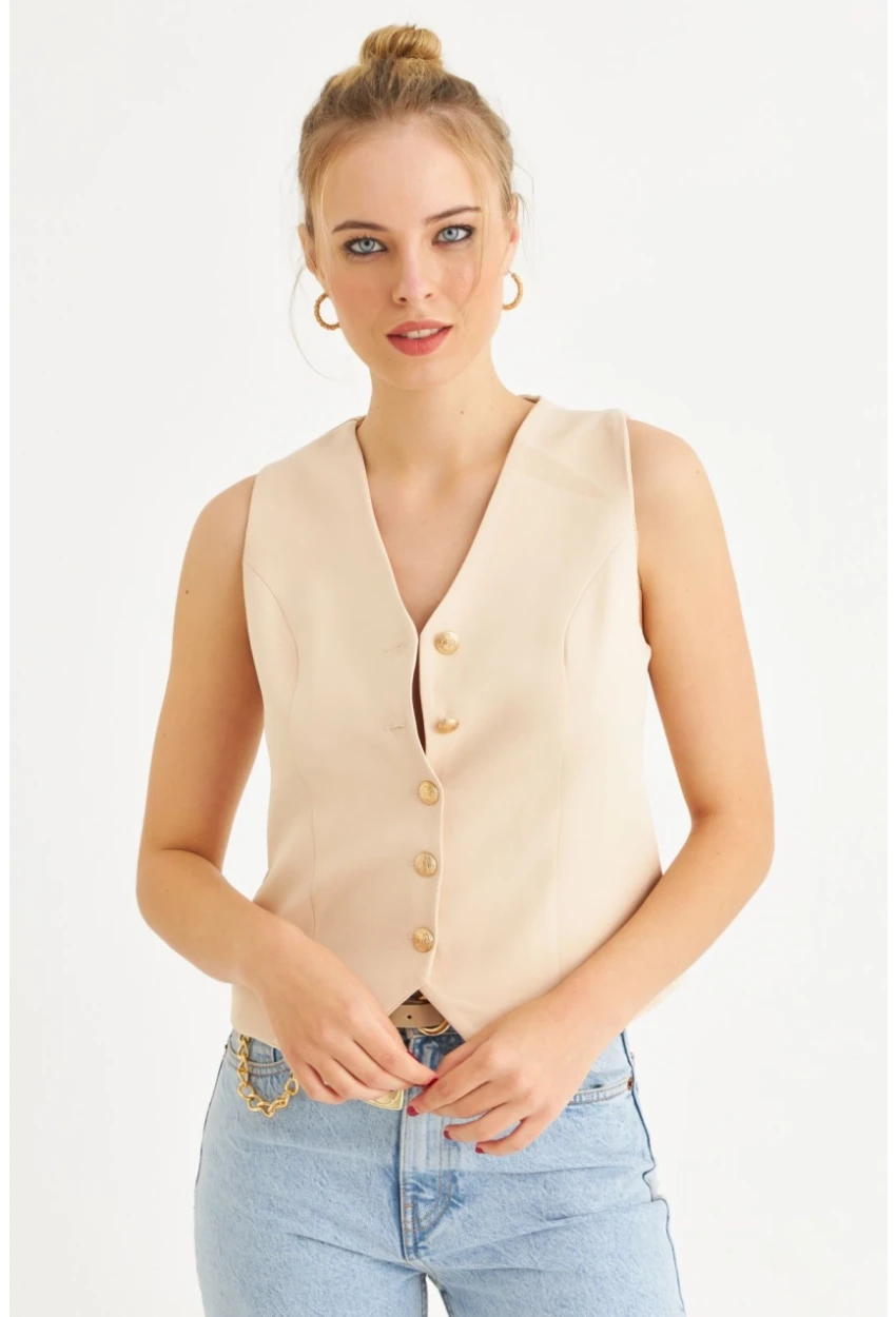 Kadın Vanilya Düğme Detaylı Astarlı Yelek SGT410