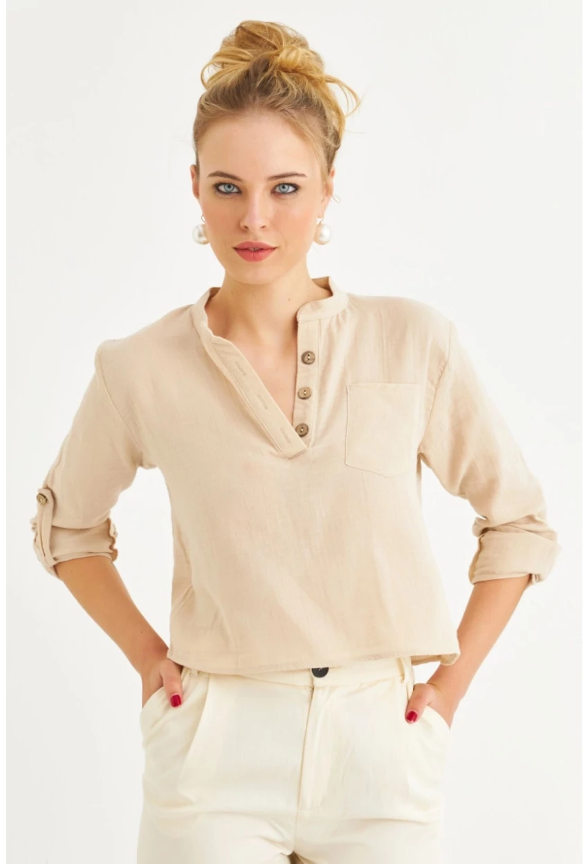 Kadın Vanilya Düğmeli Keten Gömlek Bluz BTH17