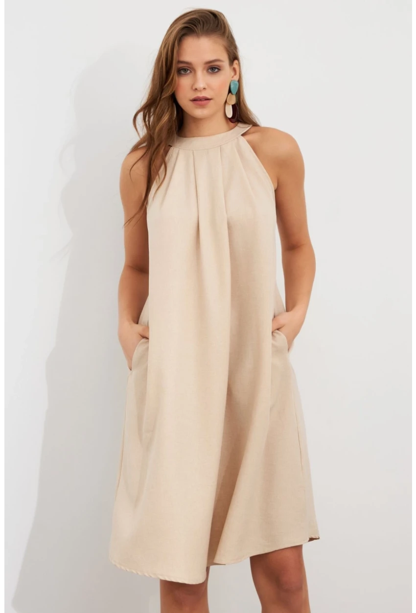 Kadın Vanilya Halter Yaka Midi Elbise NH5029