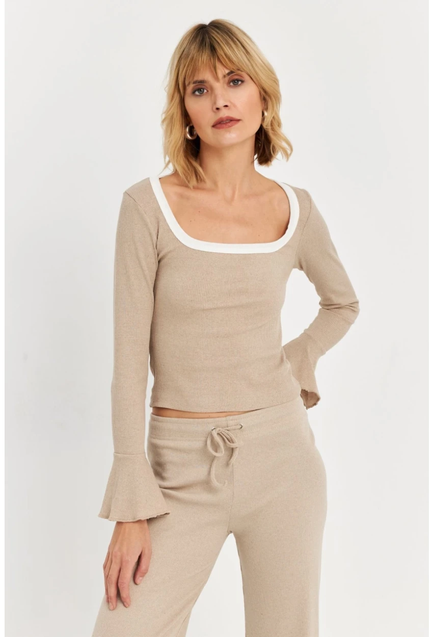 Kadın Vanilya Kontrast Yaka İspanyol Kol Bluz ALB3105