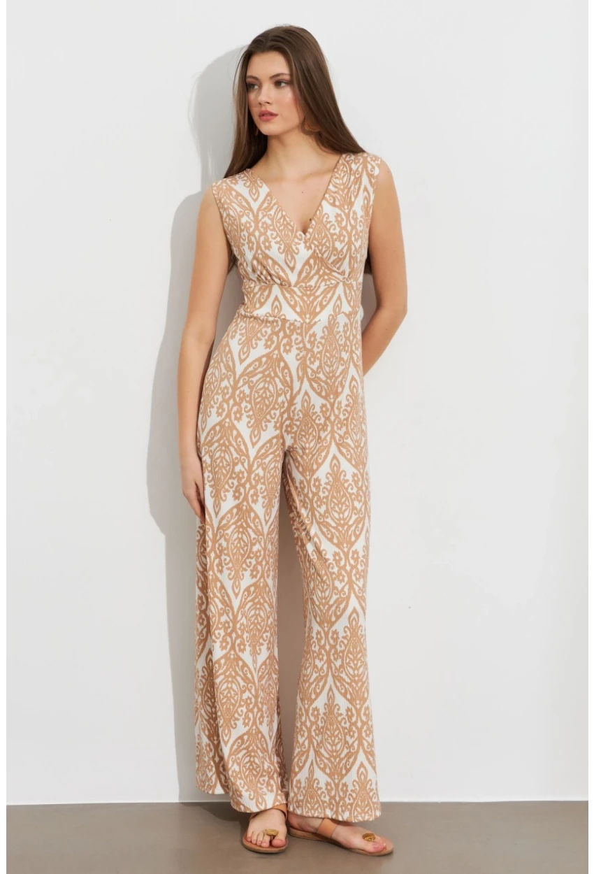 Kadın Vanilya Kruvaze Yaka Desenli Bürümcük Tulum MP430