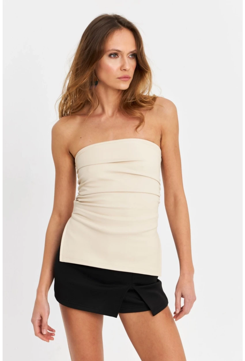 Kadın Vanilya Suni Deri Straplez Bluz SB113