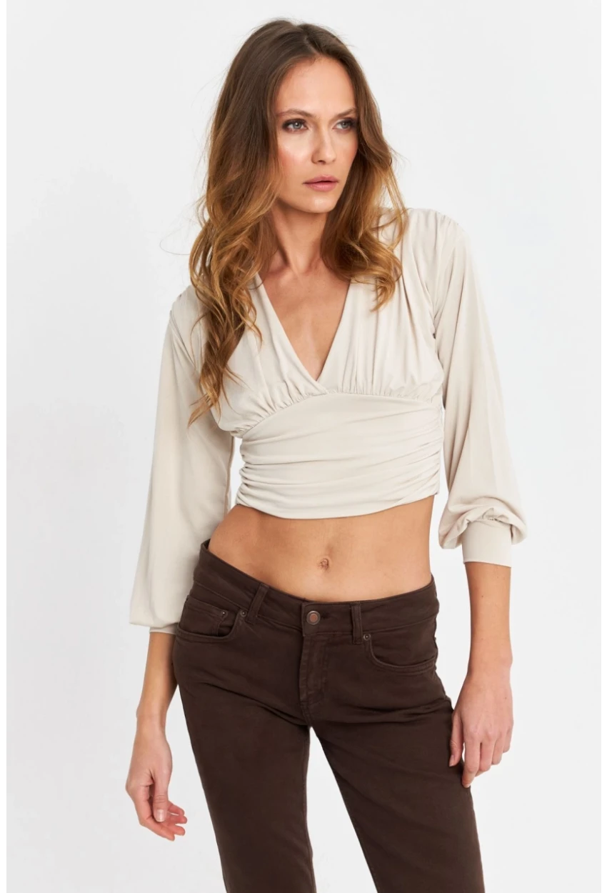Kadın Vanilya V Yaka Büzgülü Crop Bluz SB309-90