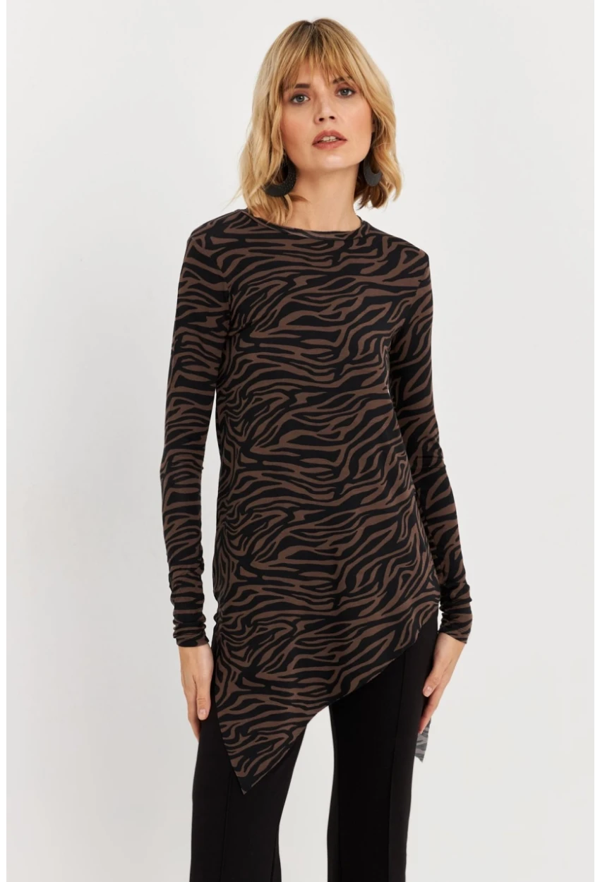 Kadın Vizon Asimetrik Zebra Desenli Tunik MLPP1186-1