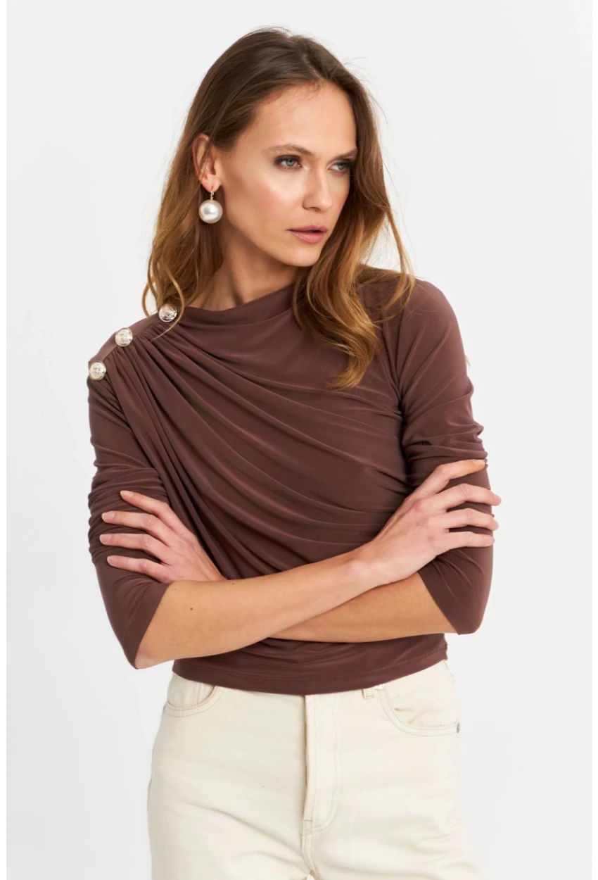 Kadın Vizon Düğme Detaylı Büzgülü Bluz LPP1223-1