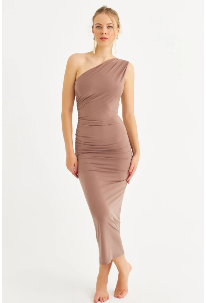 Kadın Vizon Tek Omuz Büzgülü Midi Elbise DMR294-90