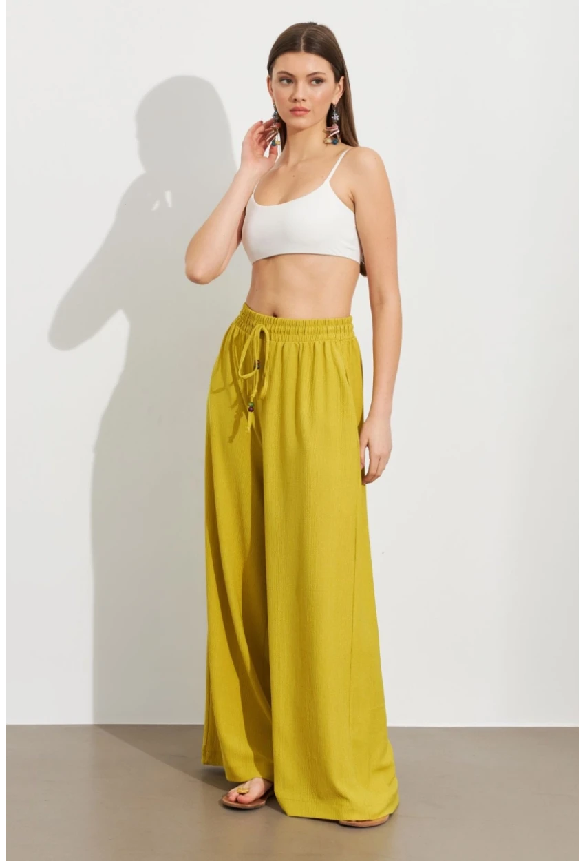 Kadın Yağ Yeşili Beli Lastikli Bürümcük Pantolon ROP105
