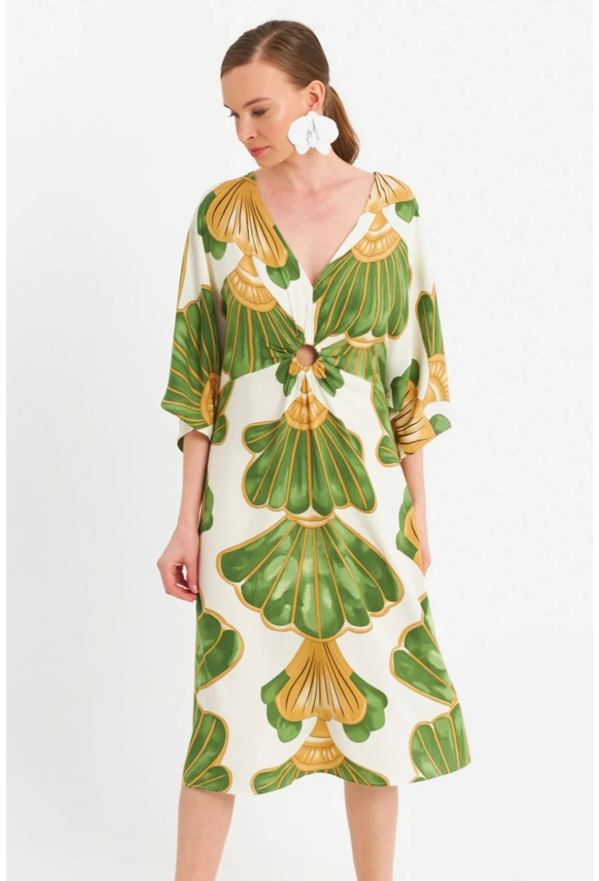 Kadın Yeşil-Beyaz Desenli Pencereli Midi Elbise Q1003