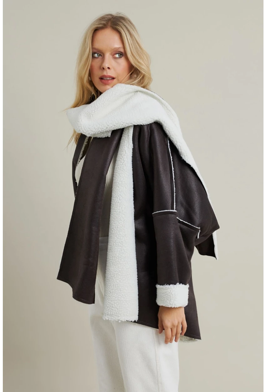 Kadın Acı-Kahve Atkılı İçi Peluş Premium Ceket SE5