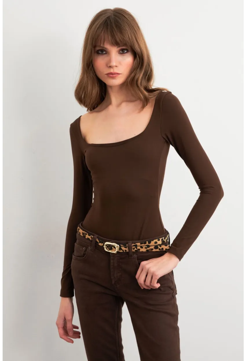 Kadın Acı-Kahve Kayık Yaka Basic Body CY352