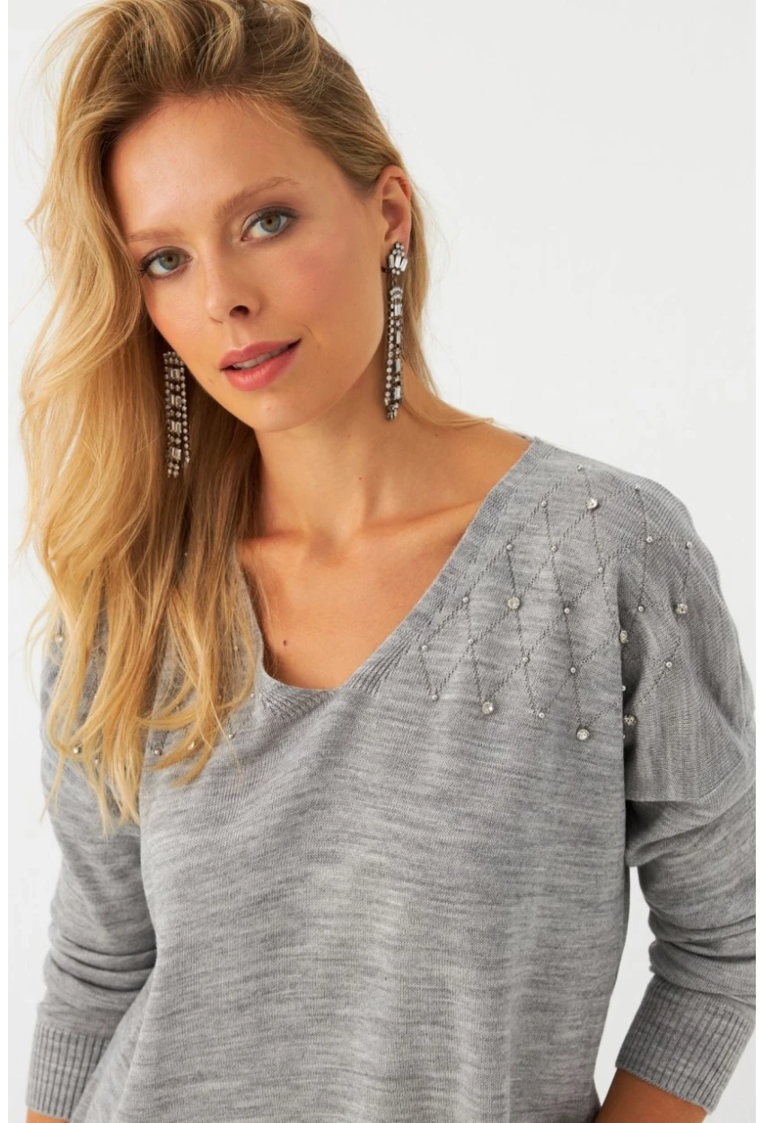 Kadın Açık Gri V Yaka Taşlı İnce Triko Bluz YİL002